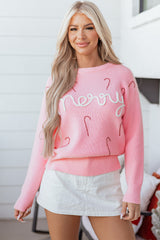 Pink Merry Candy Cane Puffy Knit Crew Neck Sweater