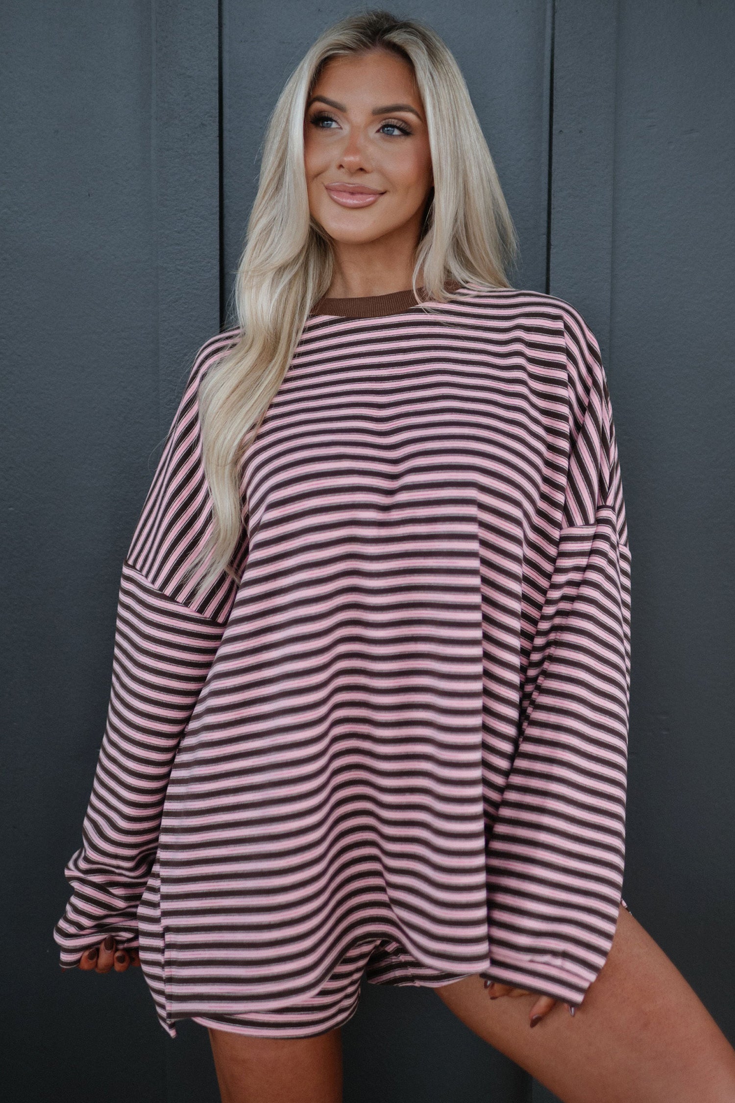 Sky Blue Stripe Long Sleeve Oversized Top Pocketed Casual Shorts Two Piece Set
