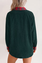 Blackish Green Plaid Pocket Button Long Sleeve Shift Shacket