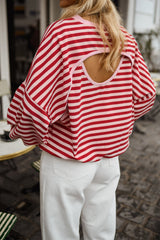 Red Stripe Cutout Open Back Long Sleeve Loose Top