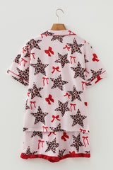 White Leopard Star Ribbon Bow Print Contrast Trim Short Pajama Set