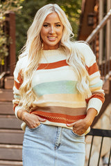 Crew Neck Drop-shoulder Striped Color Block Sweater