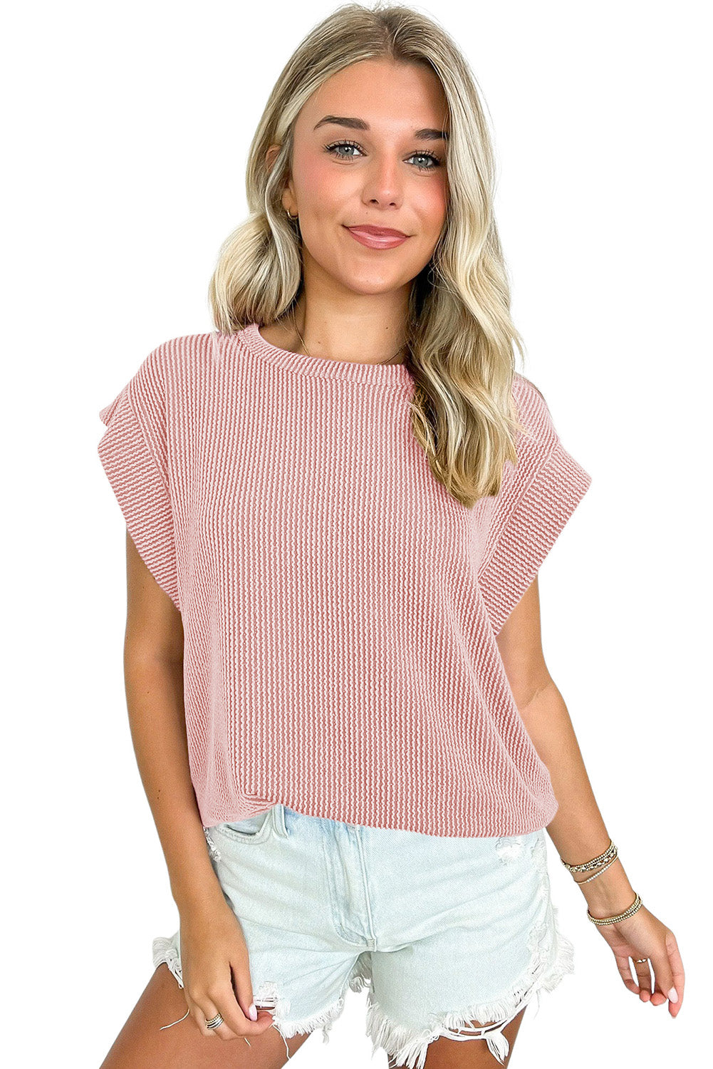 Sepia Rose Twisted Ribbed Textured Plain T Shirt