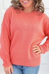 Coral Paradise Drop Shoulder Ribbed Knit Long Sleeve Sweater