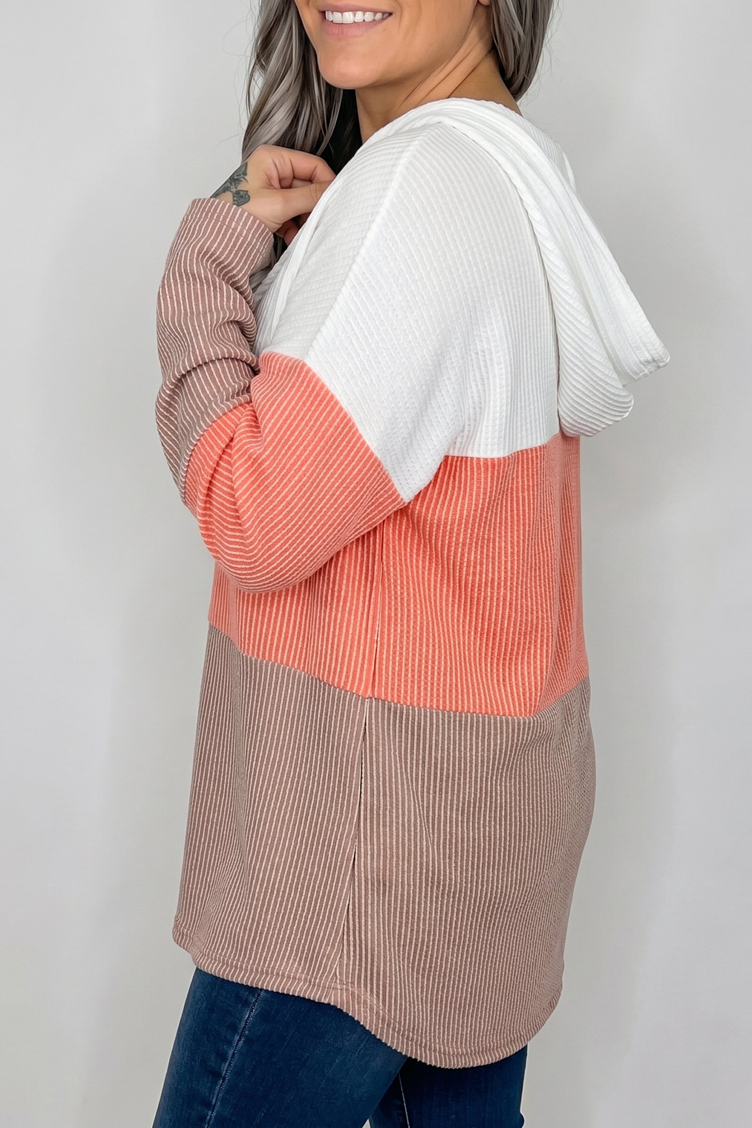 Gold Flame Ribbed Colorblock Hooded Pullover Long Sleeve Top
