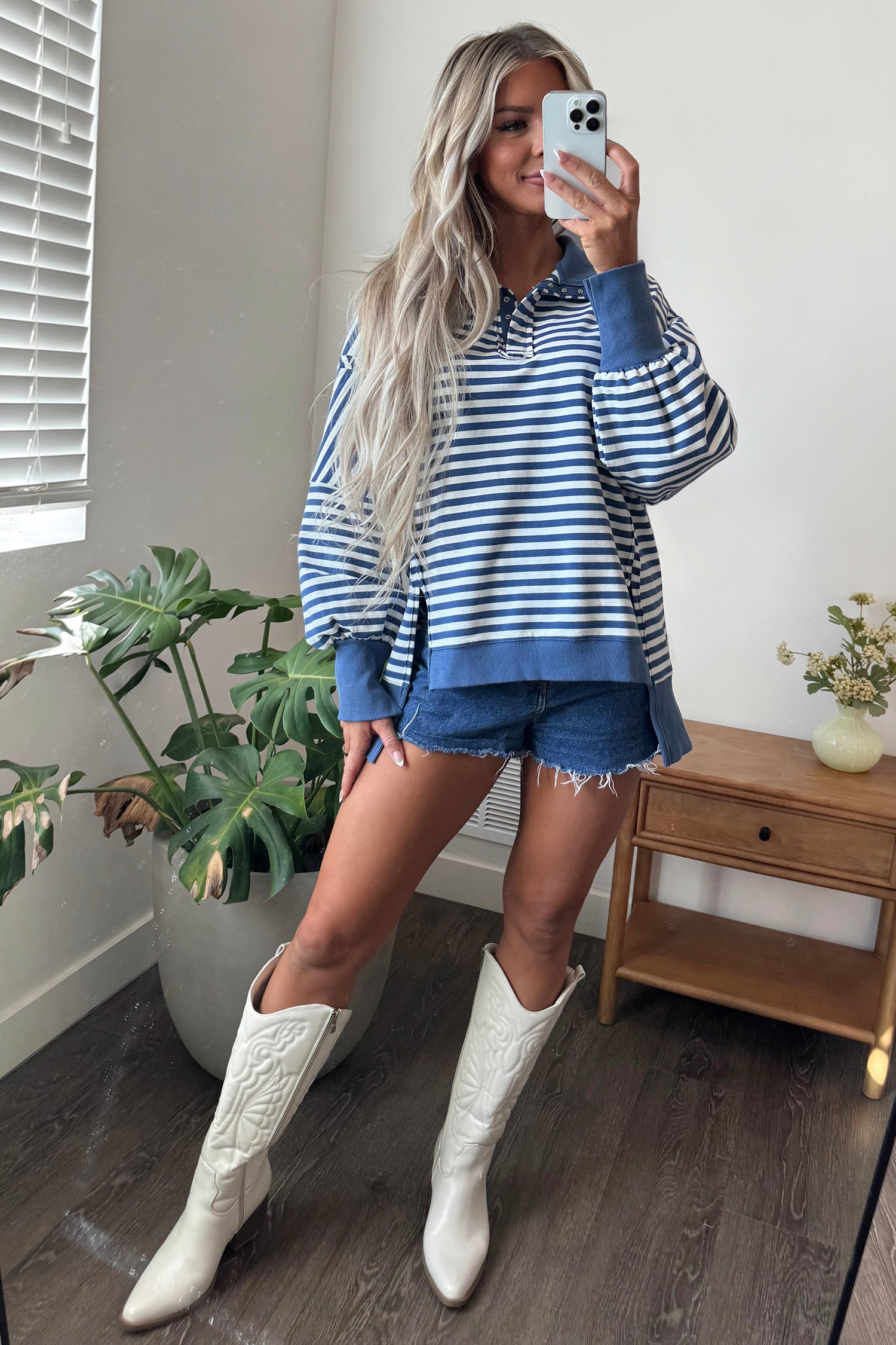 Blue Stripe Color Block Trim Raw Seam Split Hem Loose Pullover Sweatshirt