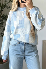 Khaki Patchwork Floral Print Mock Neck Long Sleeve Sweatshirt