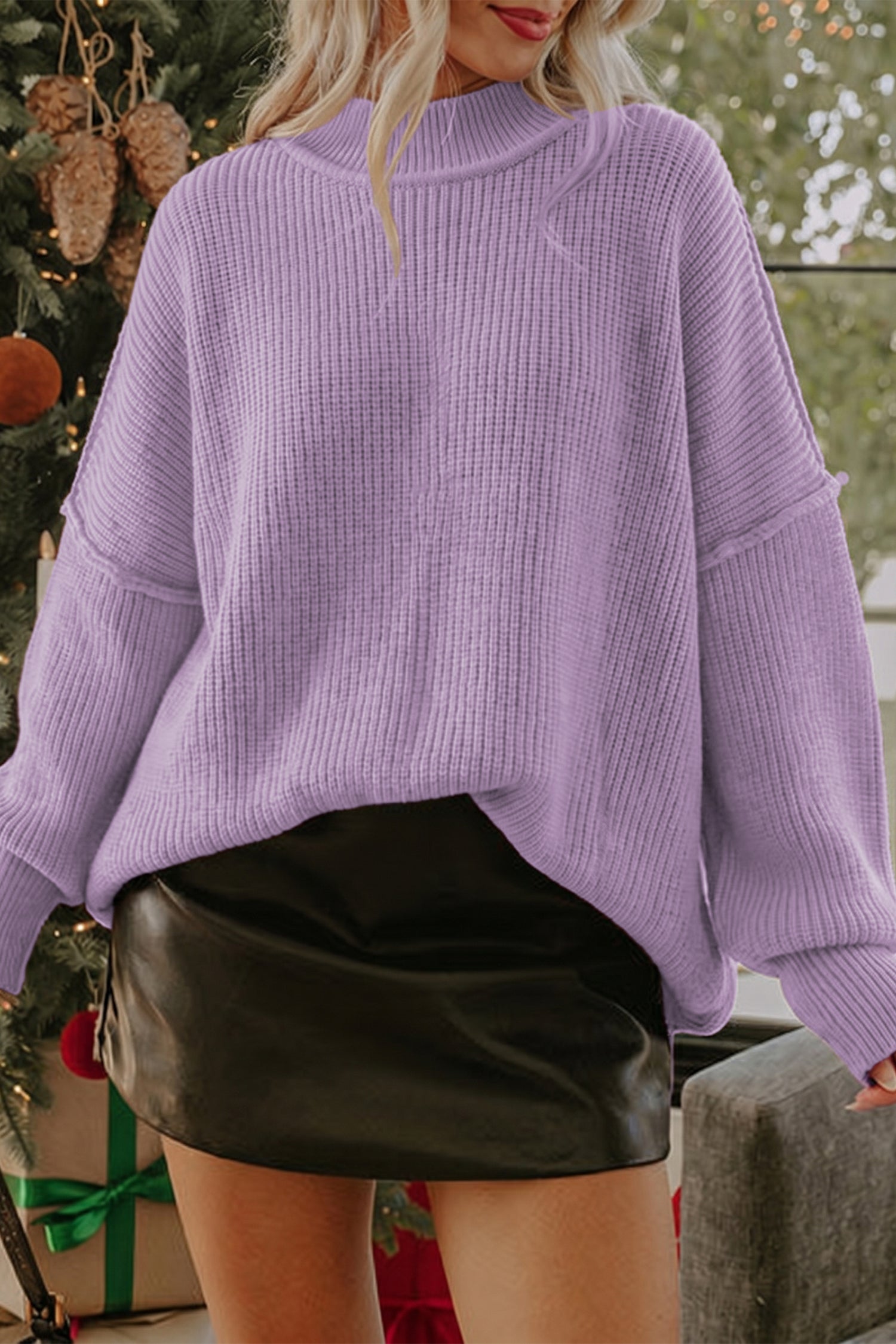 Red Dahlia Long Sleeve Ribbed Knit Stand Neck Regular Fit Sweater