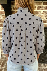 Black white Polka Dot Striped Print Ruffle Stand Neck 3/4 Sleeve Shift Shirt