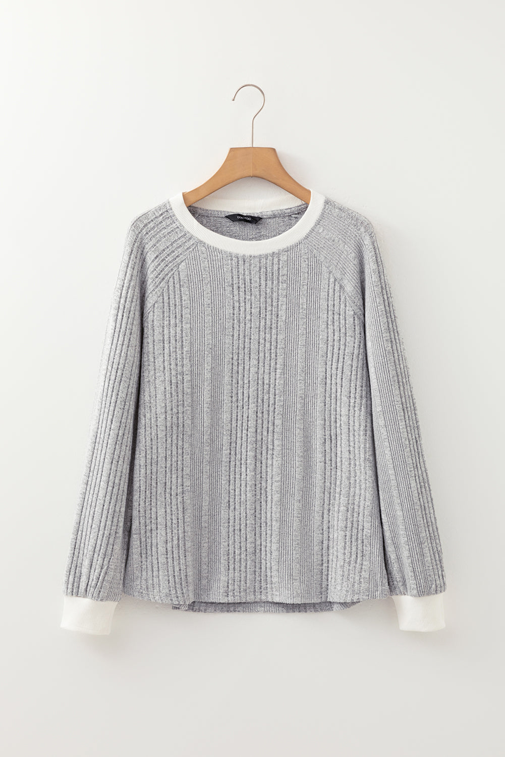 Gray Rib Texture Contrast Trim Round Neck Long Sleeve Top