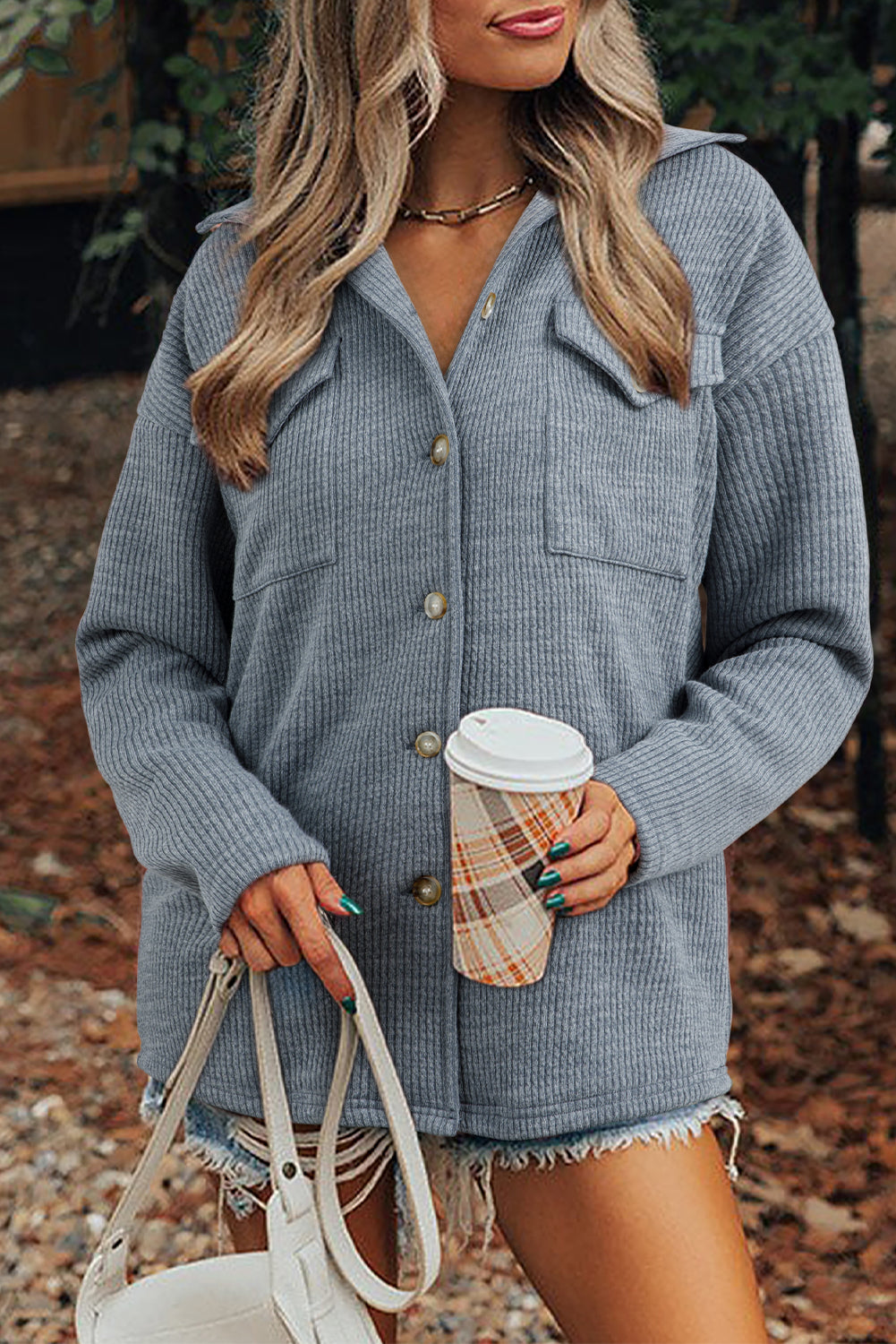 Red Sandalwood Ribbed Knit Buttons Front Flap Pocket Casual Shacket