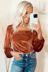 Clay Velvet Ribbed Texture Square Neck Slim Puff Sleeve Top