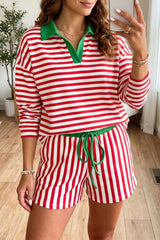 Red Stripe Colorblock Trim Polo Collar Drawstring Elastic Waist Band Casual 2pcs Outfit