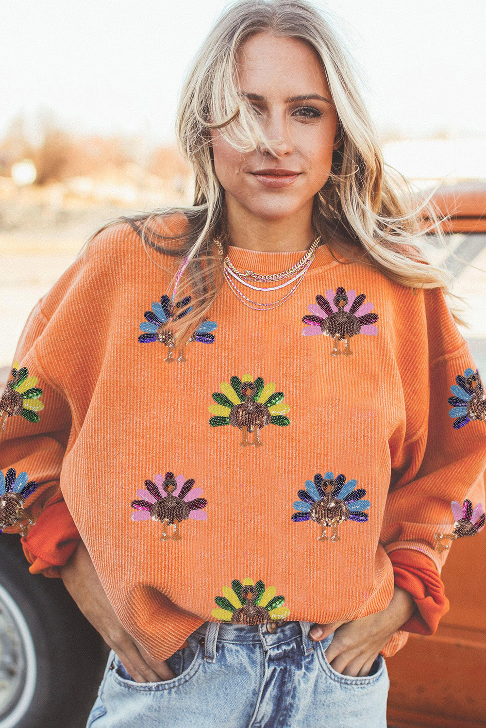 Smoke Gray Turkey Graphic Corded Baggy Sweatshirt