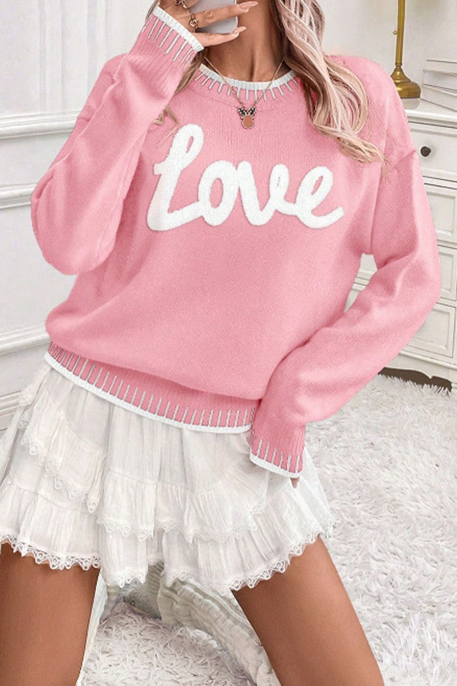 Pink Valentine Love Chenille Letter Graphic Sweater