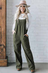 Jungle Green Button Adjustable Straps Solid Color Corduroy Jumpsuit