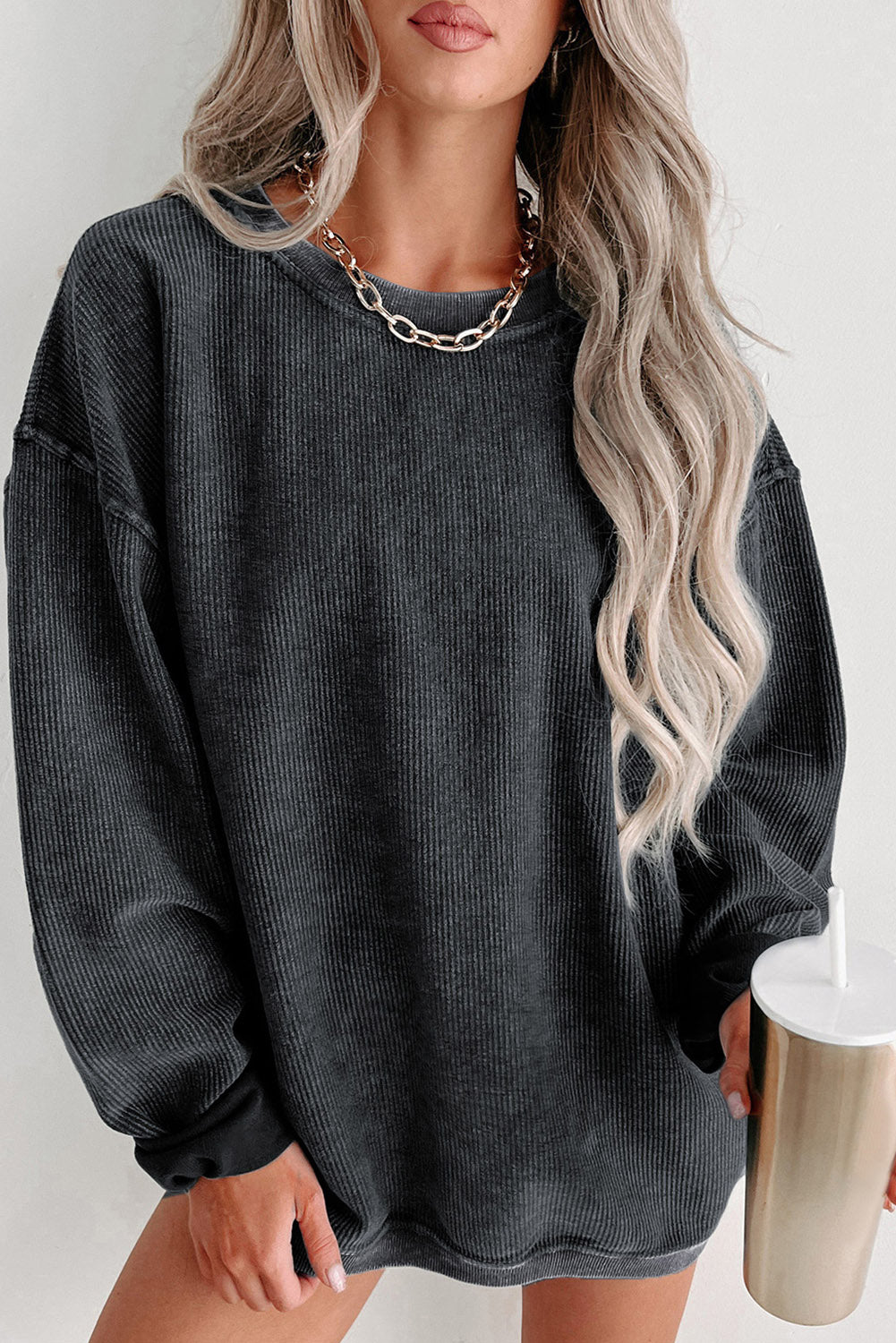 Black Plain Ribbed Round Neck Pullover Sweatshirt