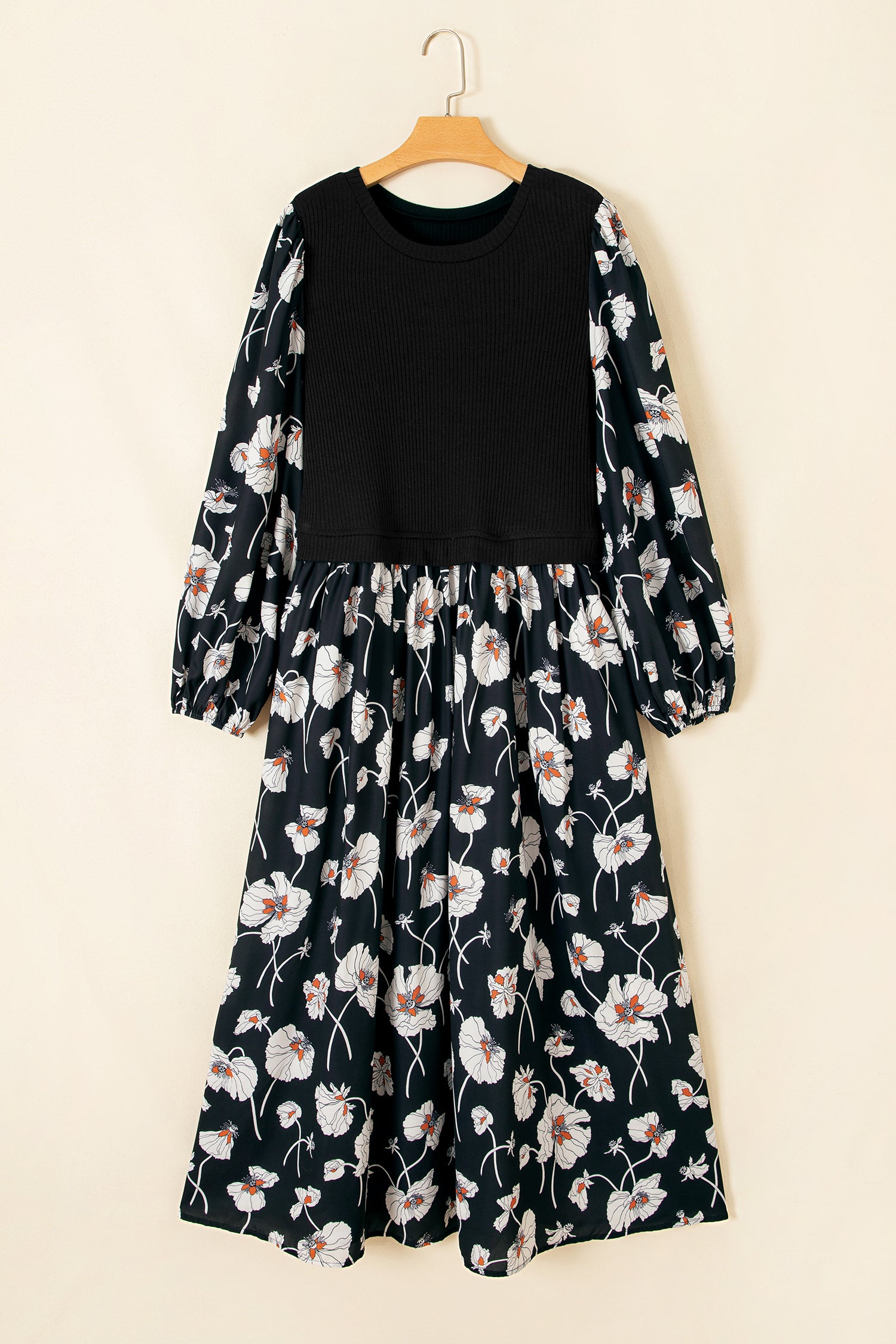 Black Floral Print Long Sleeve Round Neck Shift Plus Size Dress