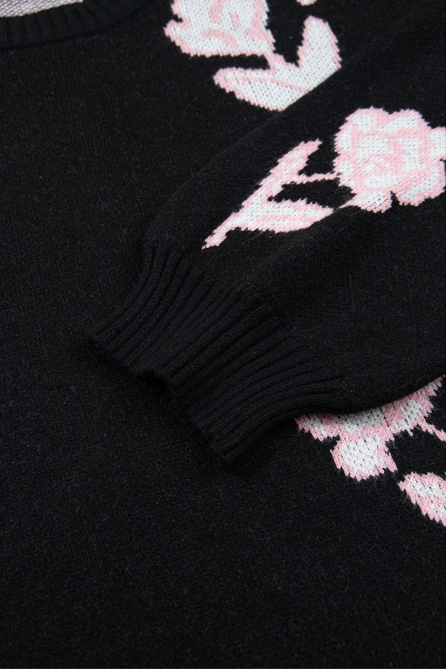 Black Floral Pattern Puff Sleeve Dropped Shoulder Pullover Sweater