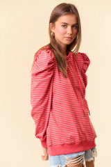Red Striped Puff Sleeve Drawstring Hoodie
