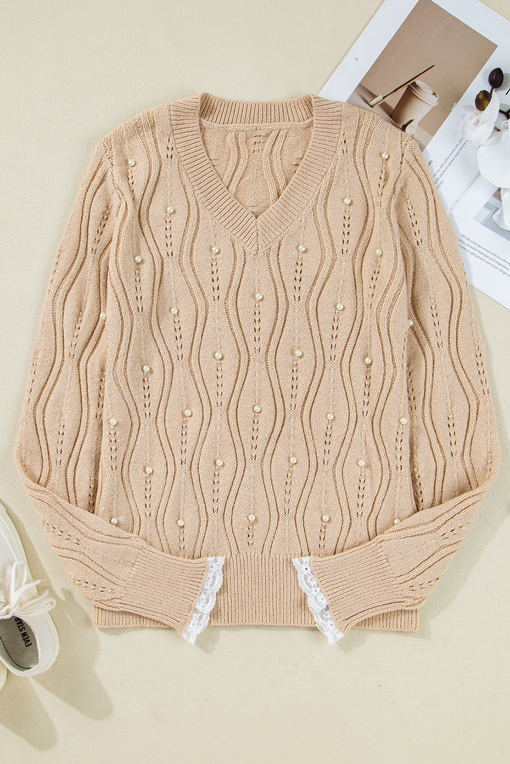 Smoke Gray Pearl Beaded Embellished Lace Applique Pointelle Knit Sweater