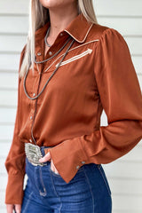 Cinnamon Silky Long Sleeve Button Front Western Fashion Shirt
