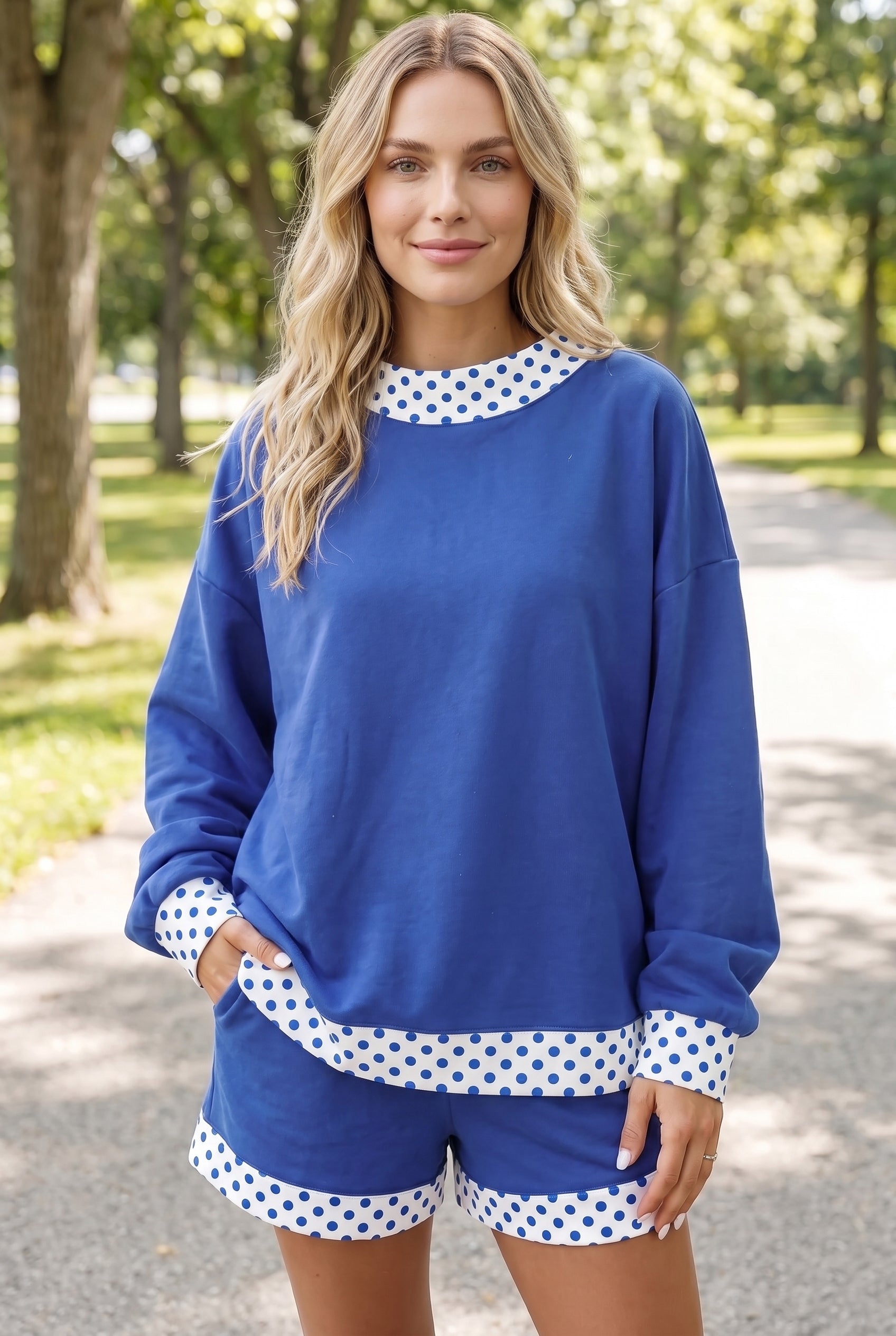 Navy Blue Polka Dot Trim Baggy Pullover 2pcs Short Set
