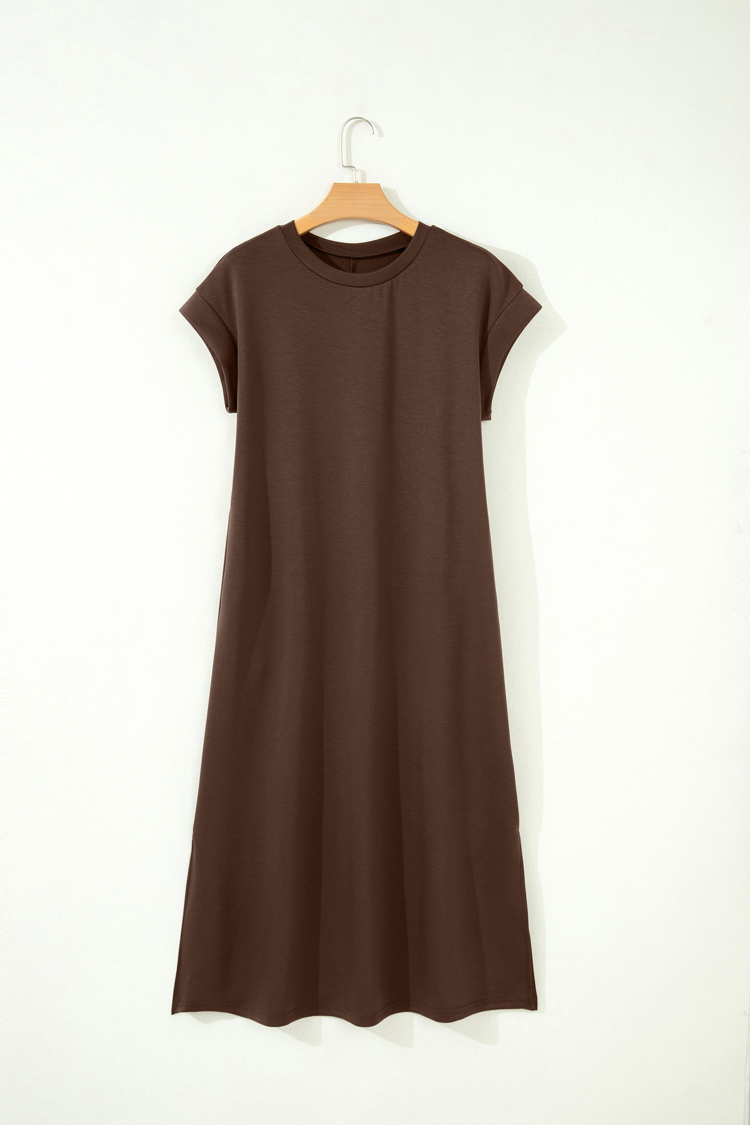 Red Sandalwood Solid Color Long T Shirt Dress with Slits