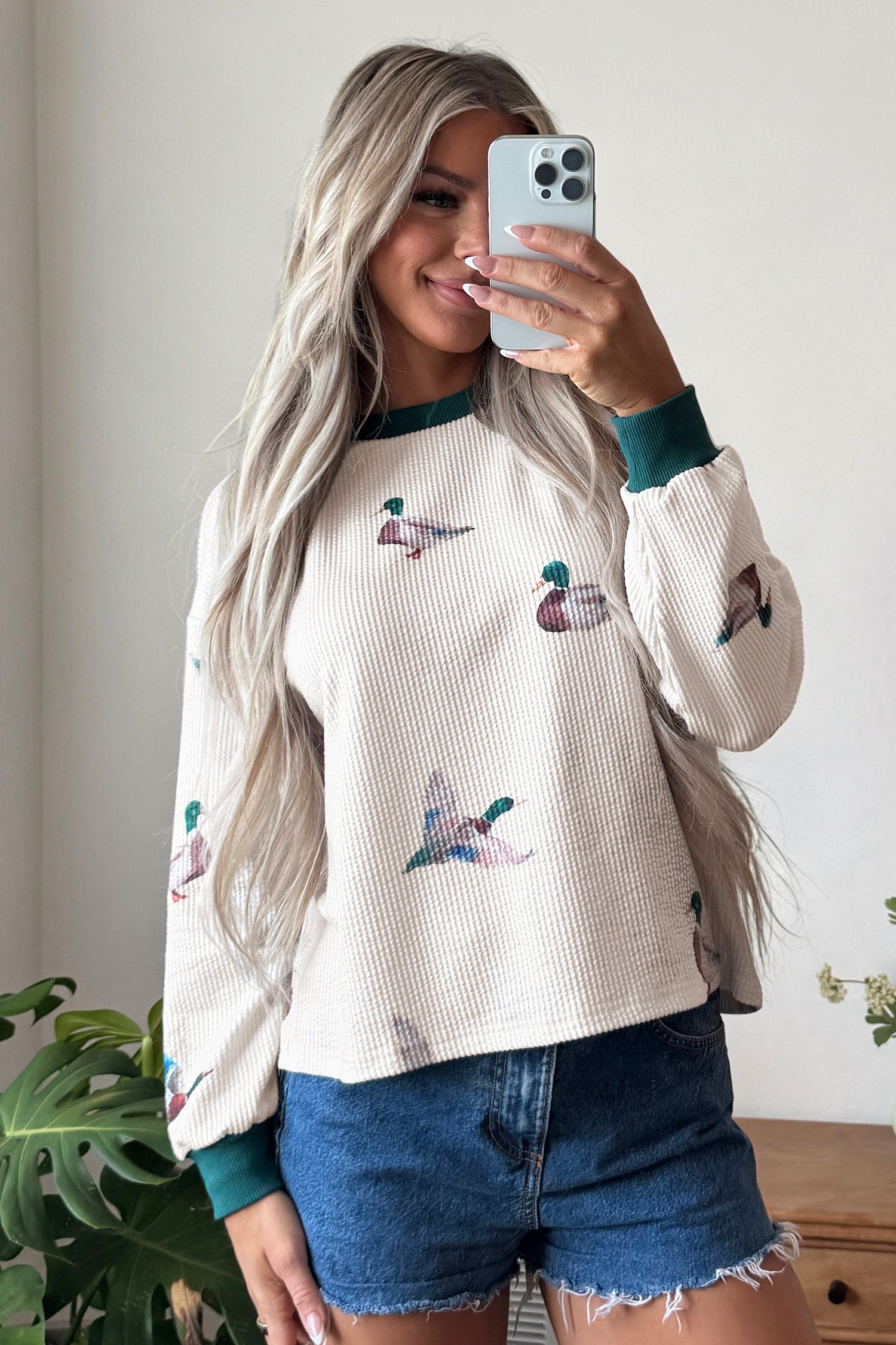 Beige Twisted Ribbed Duck Print Crewneck Casual Pullover Top