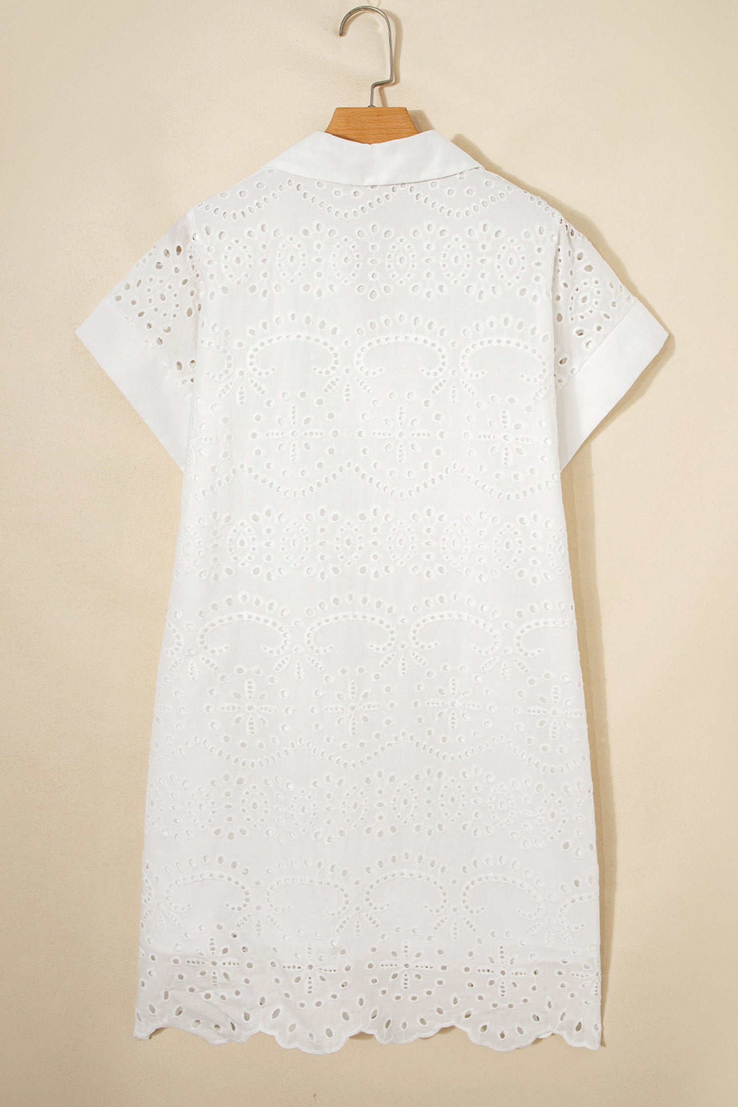 Rose Red Solid Color Eyelet Embroidered T Shirt Mini Dress