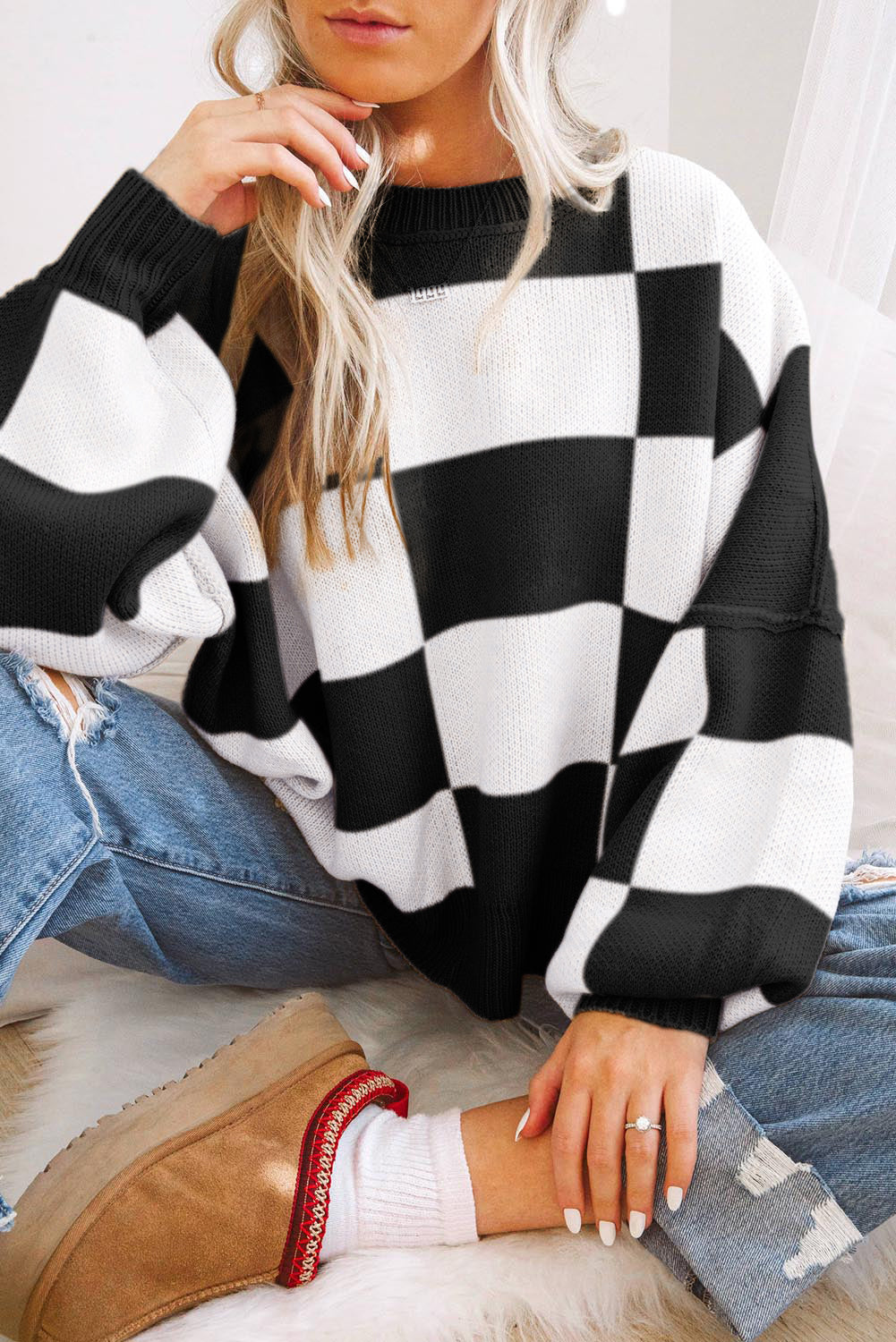 Khaki Checkered Bishop Sleeve Sweater
