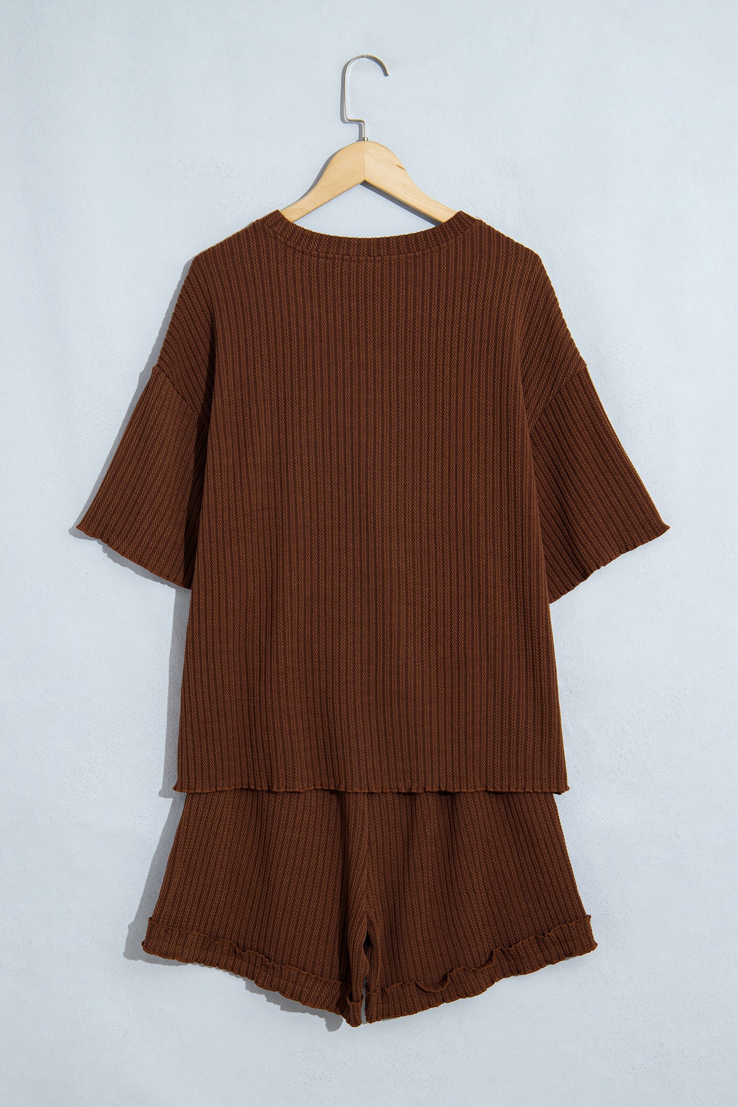 Dark Brown Textured Ribbed Knit Lettuce Trim 2pcs Lounge Set
