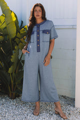 Beau Blue Half Placket Chest Pockets Short Sleeve Wide Leg Jumpsuit