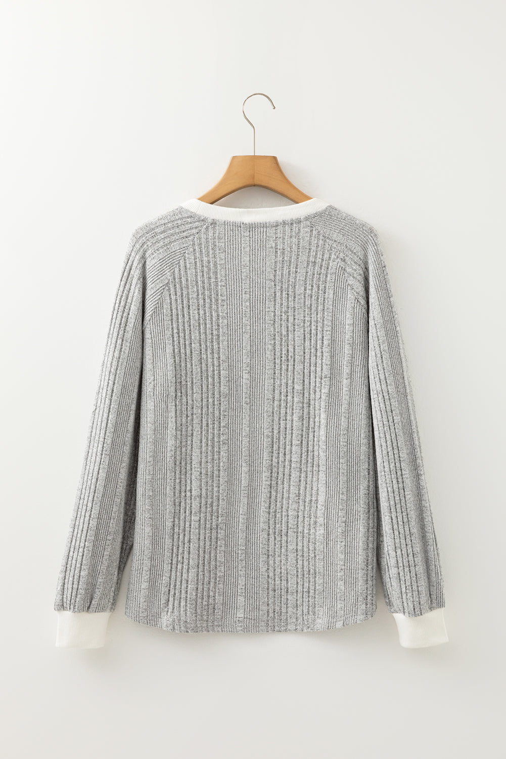 Gray Rib Texture Contrast Trim Round Neck Long Sleeve Top