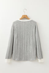 Gray Rib Texture Contrast Trim Round Neck Long Sleeve Top