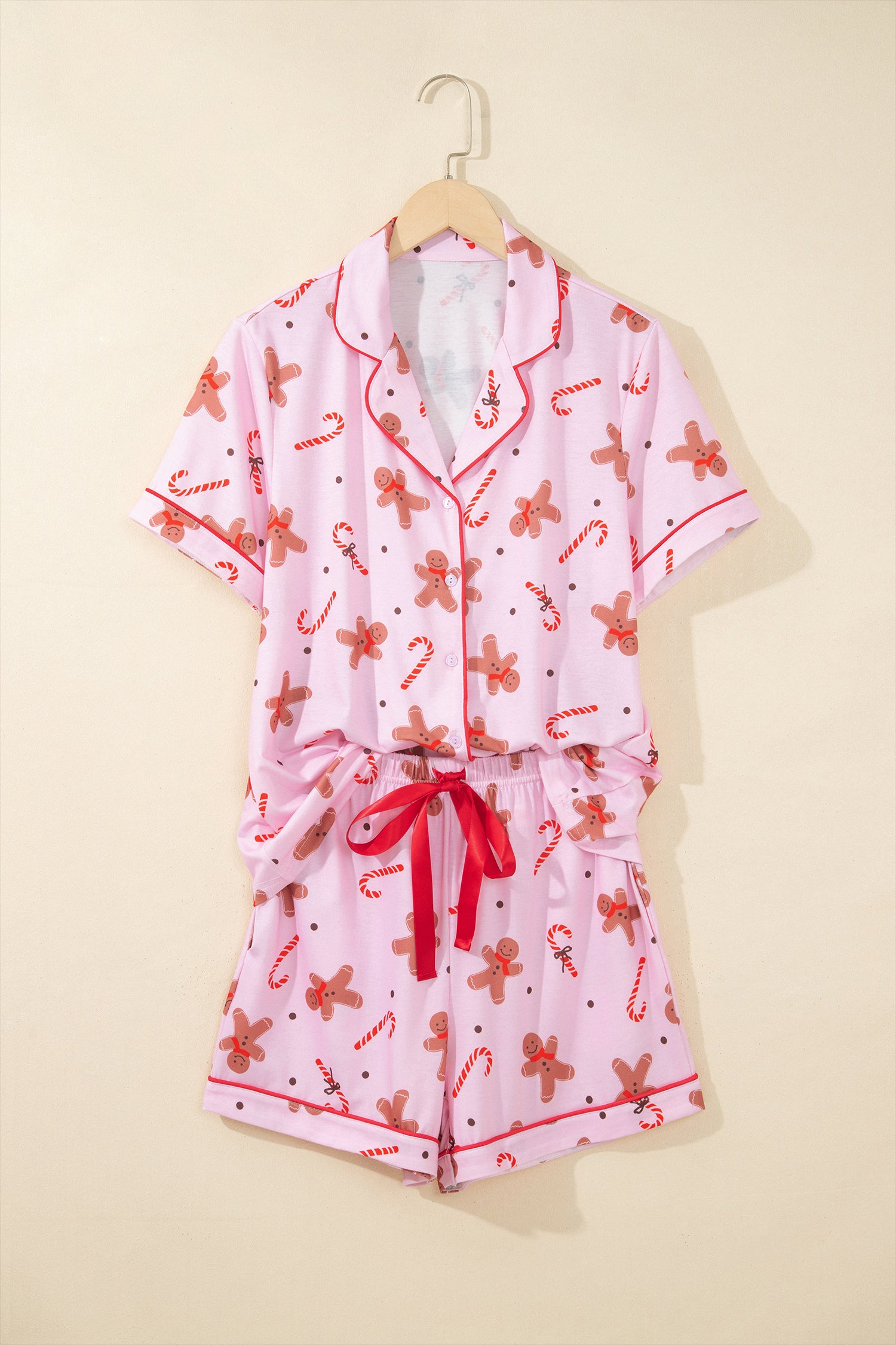 Pink Short Sleeve Placket Shell Button Elastic Waist Lounge Set