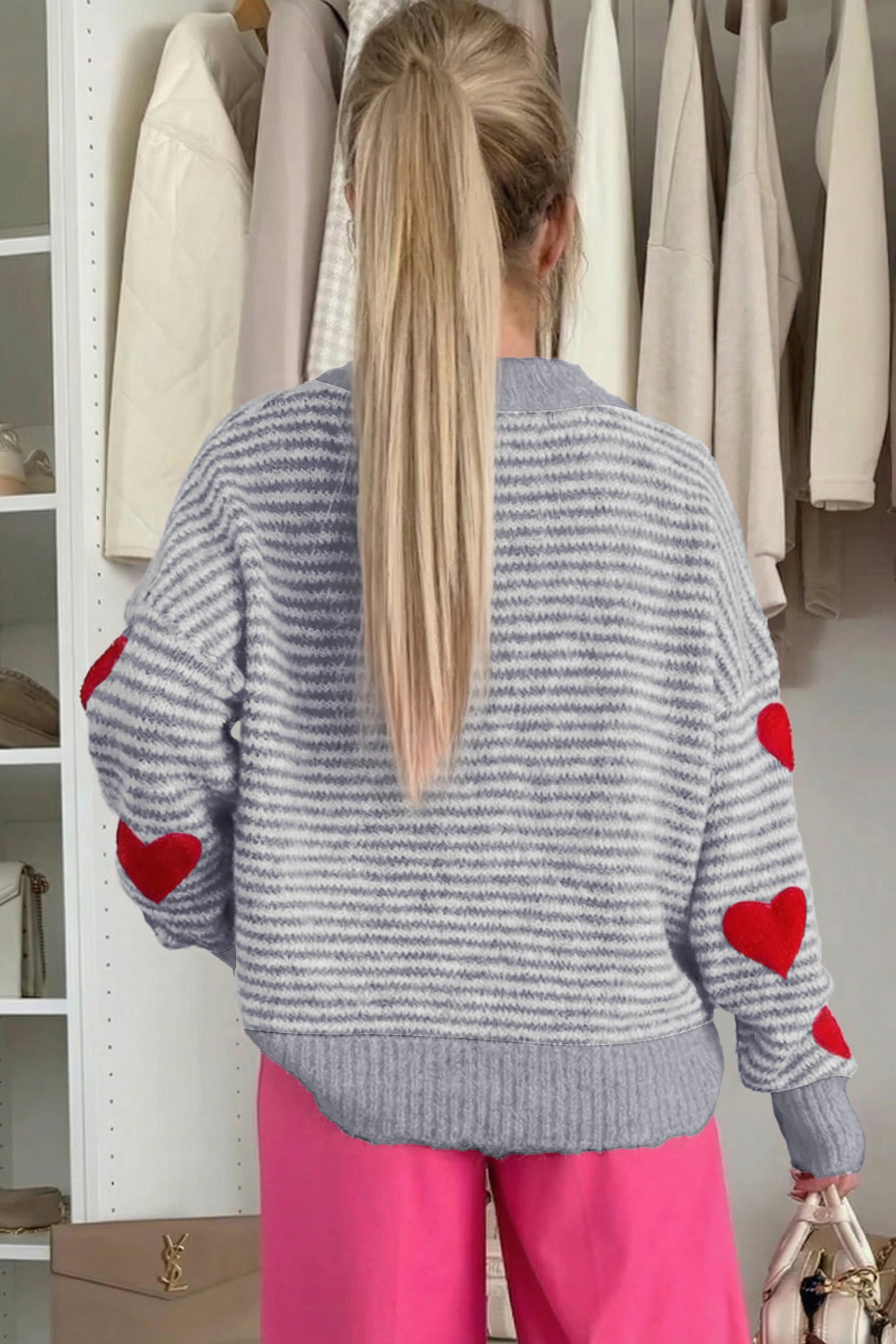 Rose Stripe Contrast Heart Pattern Valentine Knit Sweater