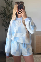 Sky Blue Patchwork Floral Print Drop Shoulder Baggy Pullover Drawstring Shorts Set