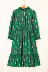 Green Floral Print V Neck Long Sleeve Shift Plus Size Dress