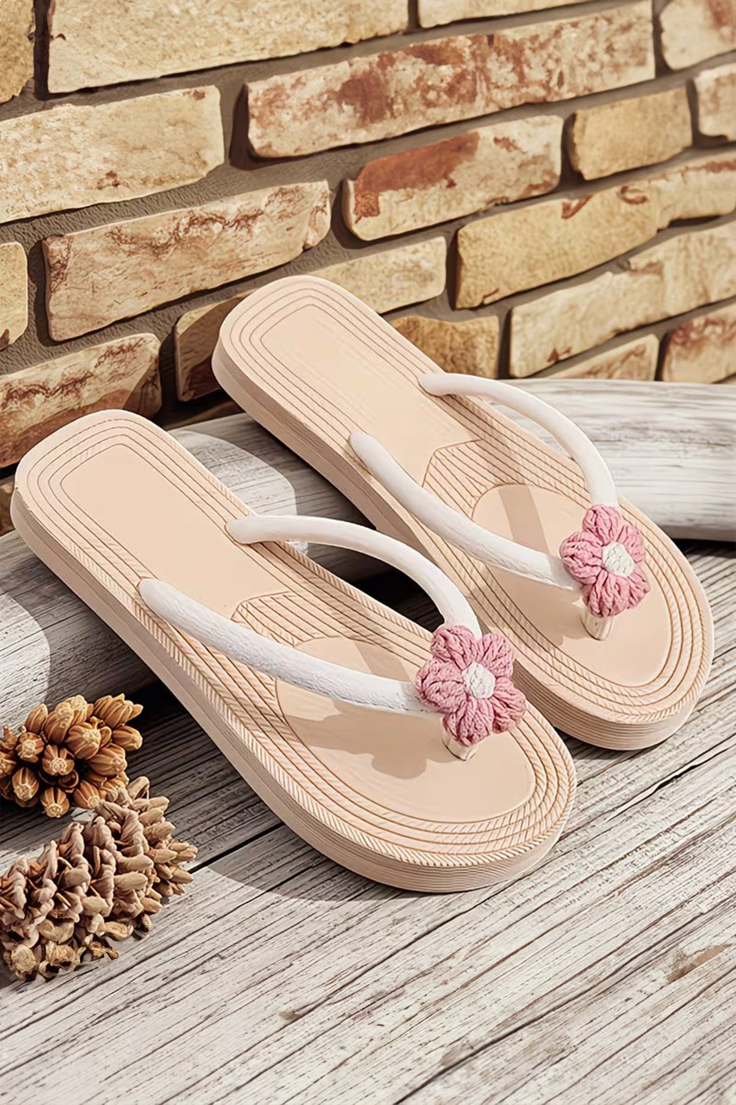 Khaki Corded Flower Vacation Casual Flip Flops