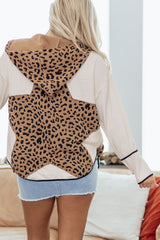 Brown Leopard Star Hooded Patchwork Contrast Piping Open Front Jacket