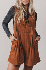 Cinnamon Solid Color Tie V Neck Sleeveless Corduroy Romper