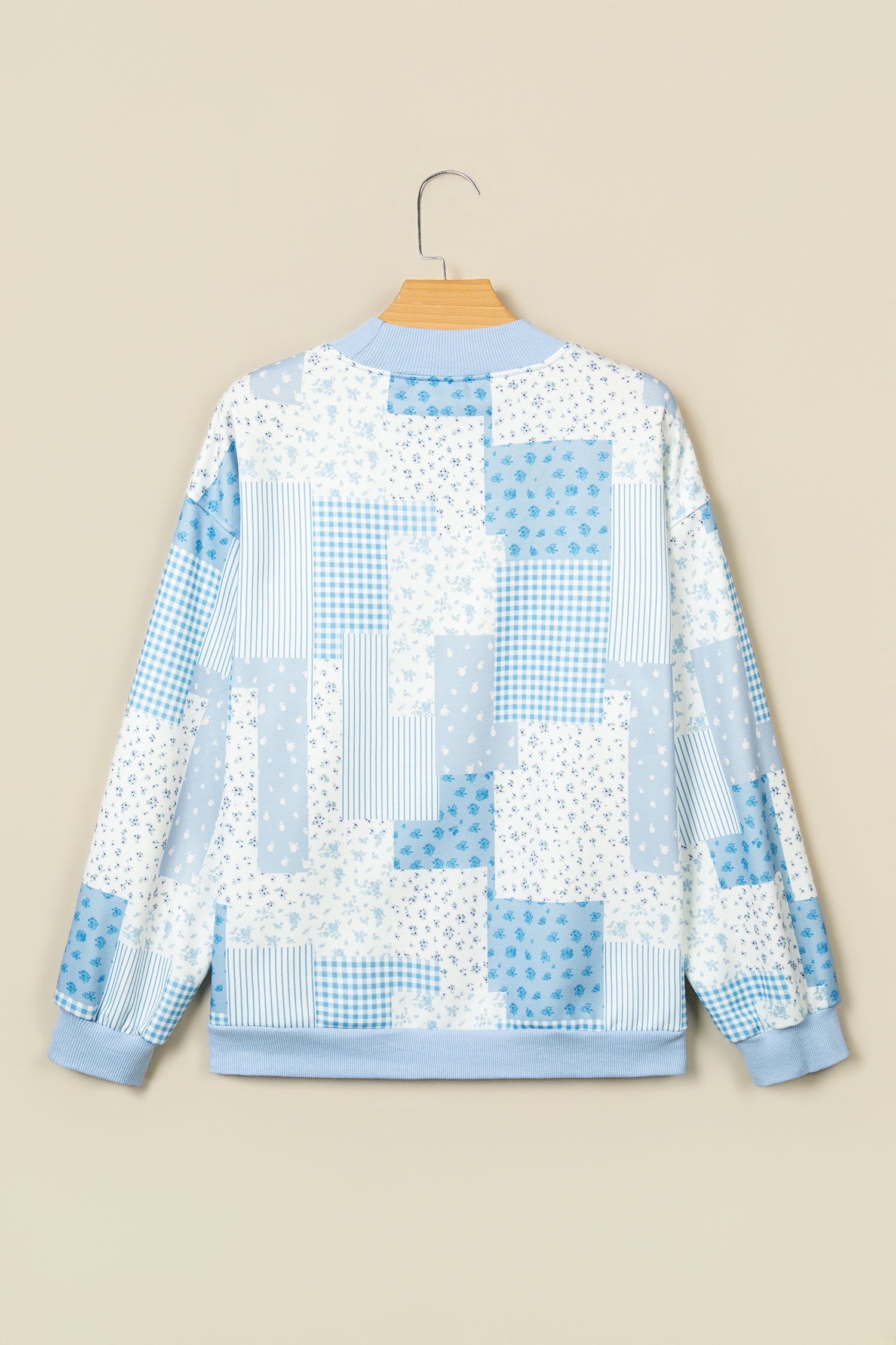 Khaki Patchwork Floral Print Mock Neck Long Sleeve Sweatshirt