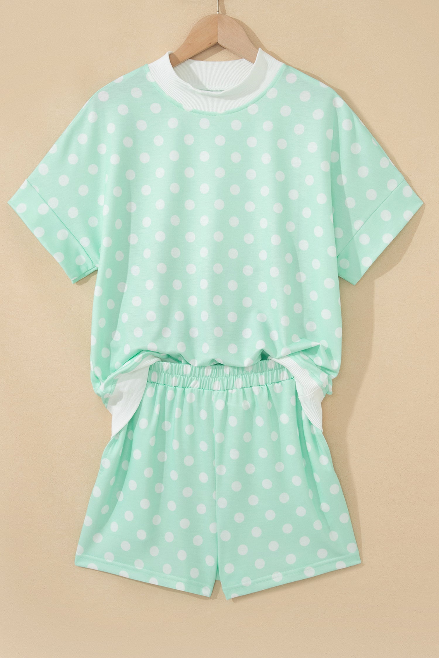Pink Polka Dot Print Color Block Trim Mock Neck Short Set