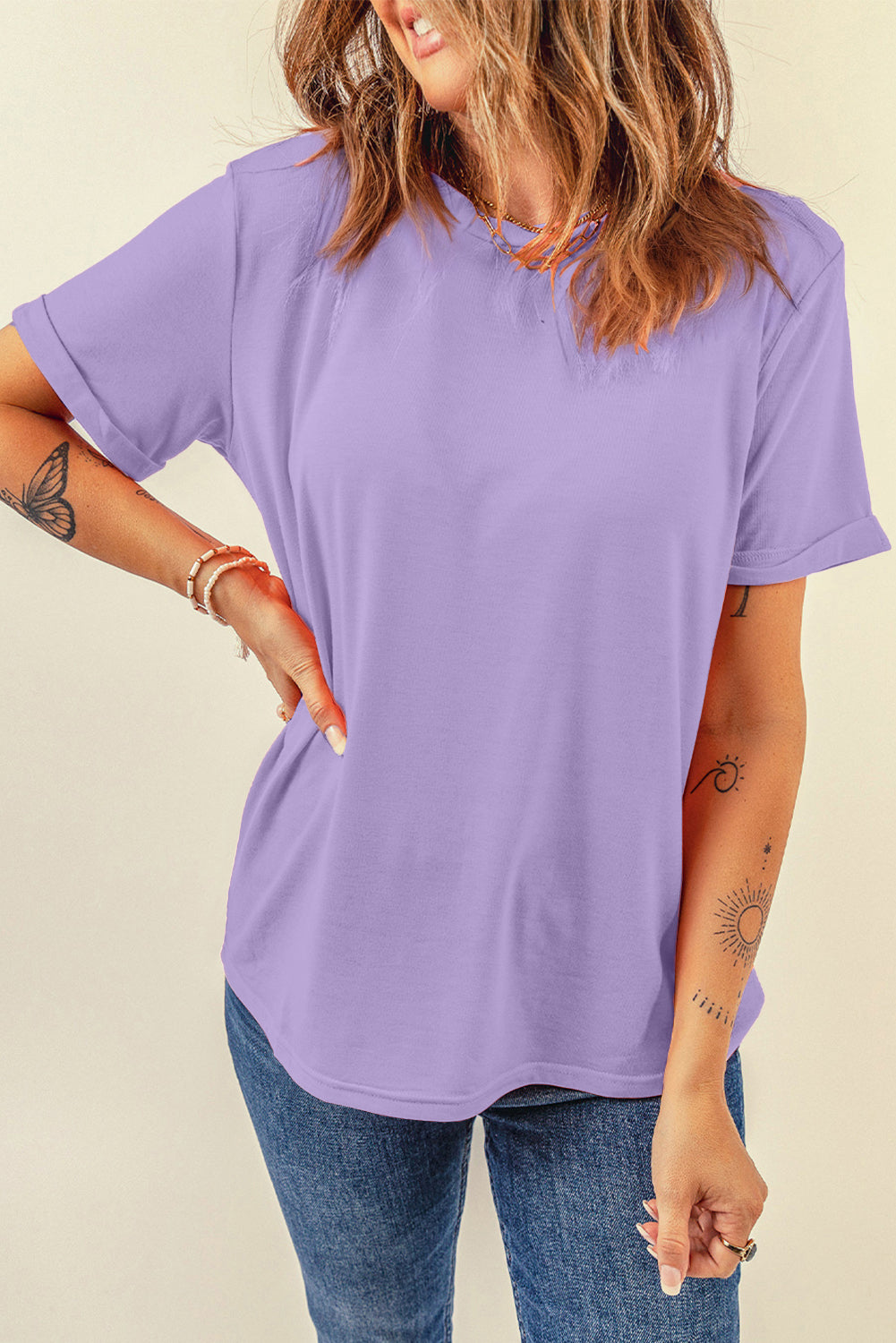 Yellow Cream Casual Plain Crew Neck Tee