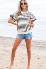 Black Stripe Scallop Lace Trim Ruffle Short Sleeves Crewneck Top