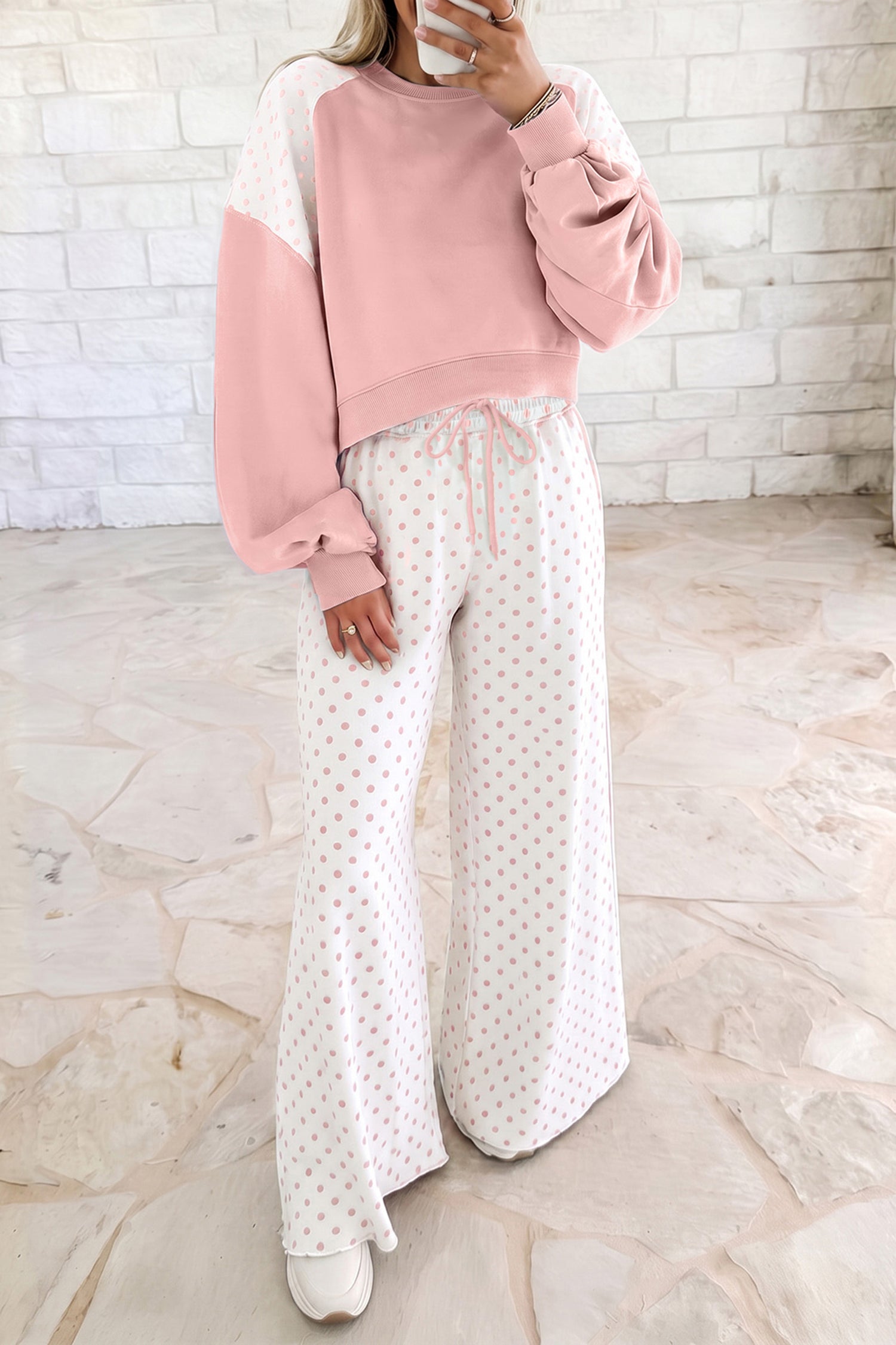 Khaki Polka Dot Patchwork Colorblock Long Sleeve Casual Two Piece Pants Set
