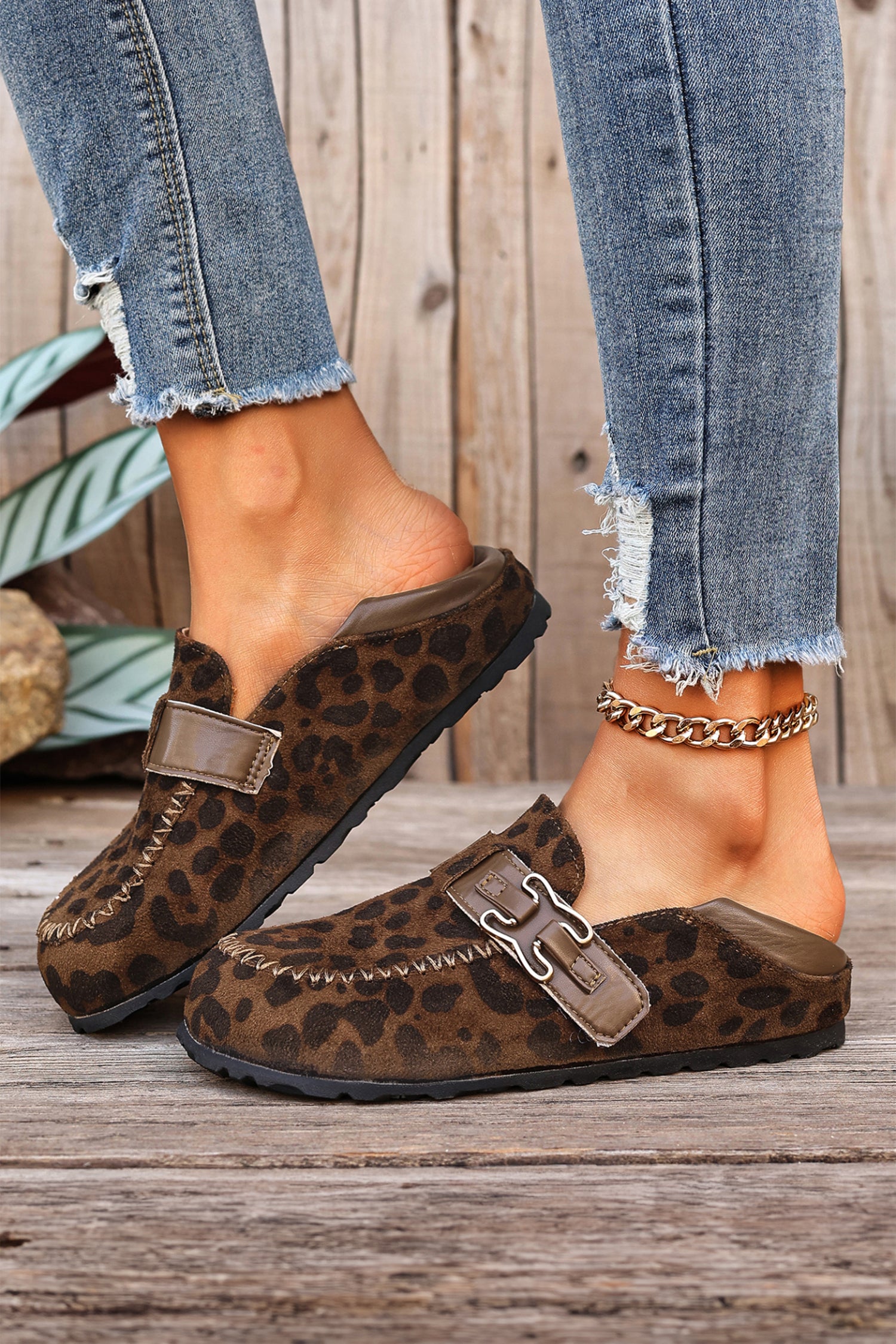 Khaki Faux Suede PU Leather Patchwork Retro Buckle Slip On Shoes