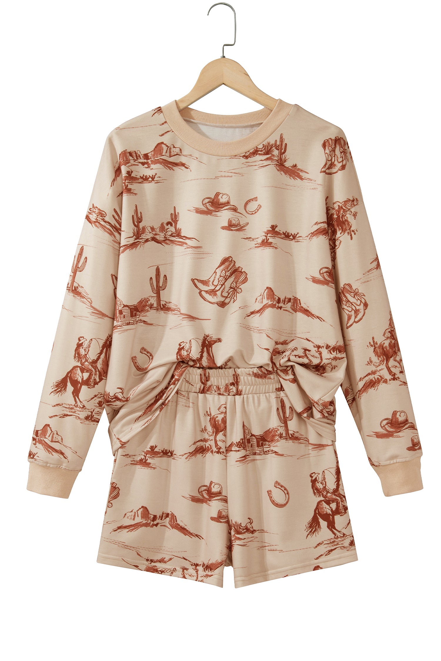 Beige Western Print Loose Fit Long Sleeve Top Short Set