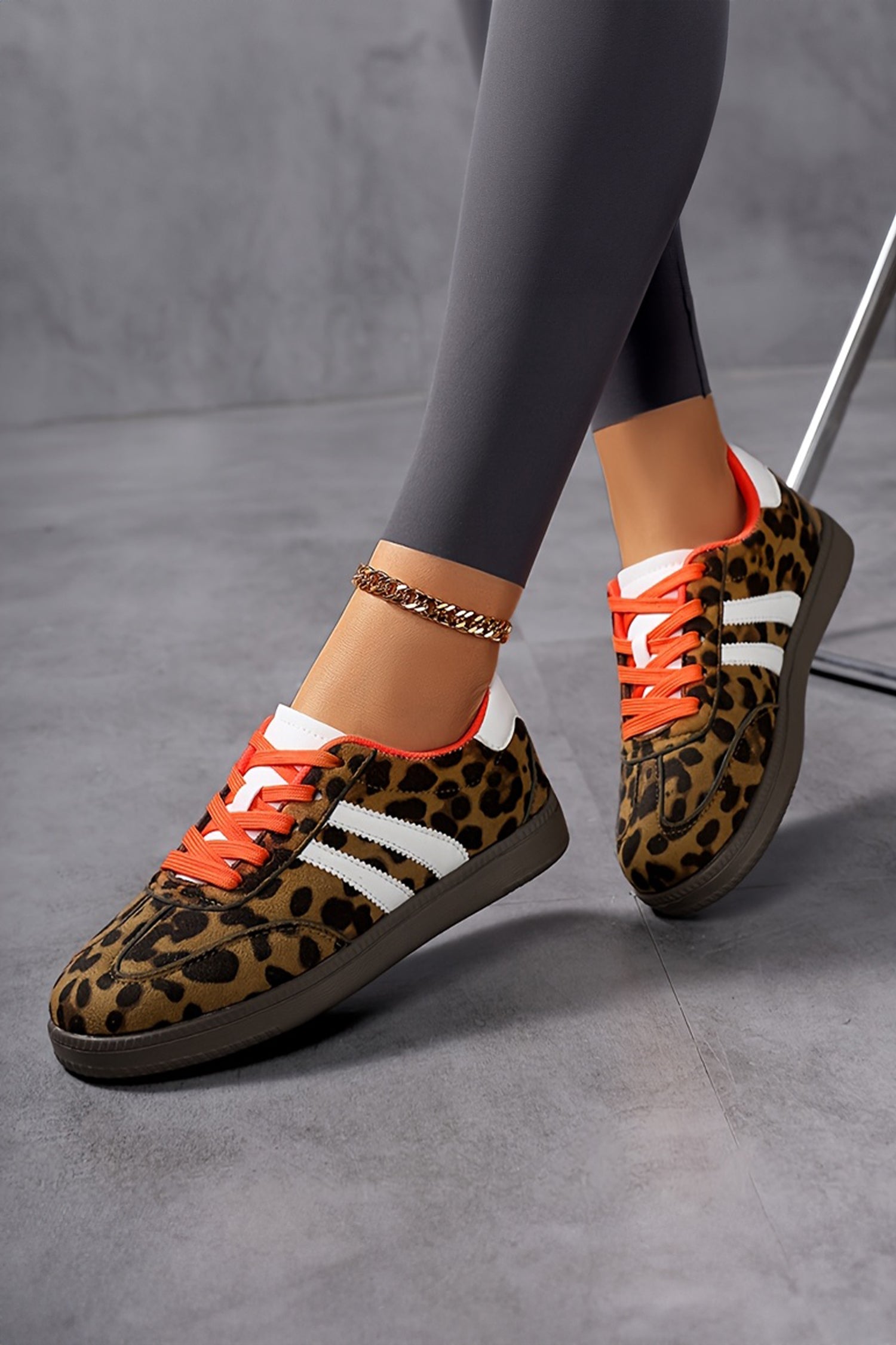 Coffee Leopard Faux Suede Color Block Detail Lace Up Sneakers